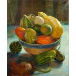 C... Dowman (20th Century) British. "Gourds", Still Life of Gourds in a Bowl, Oil on Canvas, Signed,