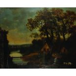 18th Century English School. A Classical River Landscape, a Man with His Gun and Dogs in the