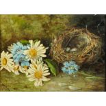 Coulson (19th Century) British. Still Life of Flowers with a Birds Nest, Oil on Canvas laid down, 8"