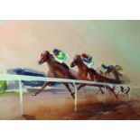 John Rattenbury Skeaping (1901-1980) British. Horses Running Along a Track, the Grandstand Beyond,
