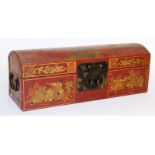A Chinese red lacquer domed leather fan box. 15ins long.