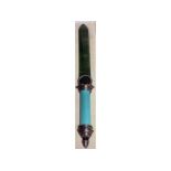A very good "Faberge" silver, enamel and green jade paper knife, with enamel handle, silver