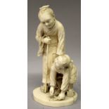 A GOOD QUALITY SIGNED JAPANESE MEIJI PERIOD IVORY OKIMONO OF AN ELDERLY LADY, in the company of a