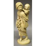 A GOOD SIGNED JAPANESE MEIJI PERIOD IVORY OKIMONO OF A WALKING LADY, bearing a boy on her back and