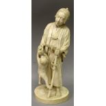 A FINE QUALITY SIGNED JAPANESE TOKYO SCHOOL IVORY OKIMONO OF A SAMURAI, leaning on a sword and