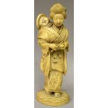 A GOOD SIGNED JAPANESE MEIJI PERIOD IVORY OKIMONO OF A BIJIN, bearing a sleeping child on her back