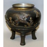 A JAPANESE MEIJI PERIOD MIXED METAL & BRONZE KORO, on four reeded legs, the sides onlaid in