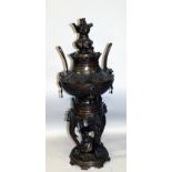 A LARGE & IMPRESSIVE JAPANESE MEIJI PERIOD BRONZE KORO & COVER ON STAND, the koro with upright