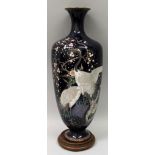 A LARGE GOOD QUALITY JAPANESE MEIJI PERIOD SILVER WIRE CLOISONNE VASE, together with a fitted wood