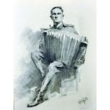 Sergei Besedin (1901-1996) Russian. A Bayan Player, Pencil, Signed and Inscribed, 24.5" x 18.5".