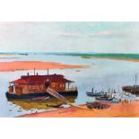 Aleksandr Vedernikov (1898-1975) Russian. Figures Unloading Barrels from a Boat, Oil on Canvas,