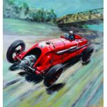 Coton (20th Century) British. A Red Bentley Racing Car, on Steep Banking, Oil on Board, Signed, 22.