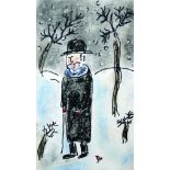 Dora Holzhandler (1928-2015) French/British. A Man in a Snow Covered Landscape, Mixed Media, 10.5" x