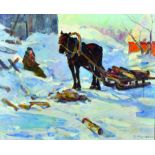 Grigoryi Semyonov Minski (1912- ) Russian. A Snow Covered Farm Scene, with a Figures and a Horse