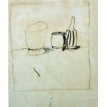 Brett Whiteley (1939-1992) Australian. Still Life with Jugs and a Bottle on a Table, Ink, 12" x