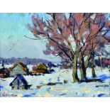 Constantin Ermolitchev (1912- ) Russian. A Snow Covered Landscape, with Wooden Huts, Oil on Card,