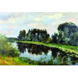 Eugene Vasiliev (1908-1955) Russian. A River Landscape, Oil on Board, Inscribed on the reverse,