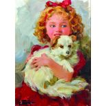 Boris Trofimenko (1919- ) Russian. A Young Girl, Dressed in Red with a Red Ribbon, Holding a Dog