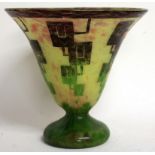 A LARGE ART NOUVEAU GREEN AND YELLOW WITH ORANGE FLECKS TALL OPEN TOP VASE. 28cms high, 28cms