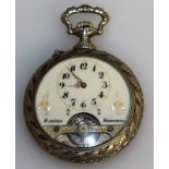 AN EIGHT DAY OPEN ESCAPEMENT POCKET WATCH, 8 JOURS HEBDOMAS, the back with repousse scything corn.