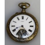 AN EIGHT DAY OPEN ESCAPEMENT POCKET WATCH, 8 JOURS HEBDOMAS, the back with repousse scene jumping