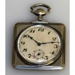 A FRENCH .800 SILVER SPIRAL BREGUET POCKET WATCH in a square case.