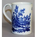 AN 18TH CENTURY WORCESTER MUG printed with two hunting scenes both with a man, rifle and dog in