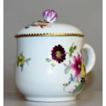 AN 18TH CENTURY MEISSEN CUSTARD CUP AND COVER painted with flowers crossed swords and dot mark in