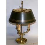 A 19TH CENTURY STUDENTS BRASS AND TOLEWARE LAMP with Toleware shades, three curving lights on a