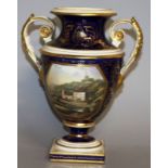 AN EARLY 19TH CENTURY DERBY TWO HANDLED VASE painted with Chatsworth on a blue ground.