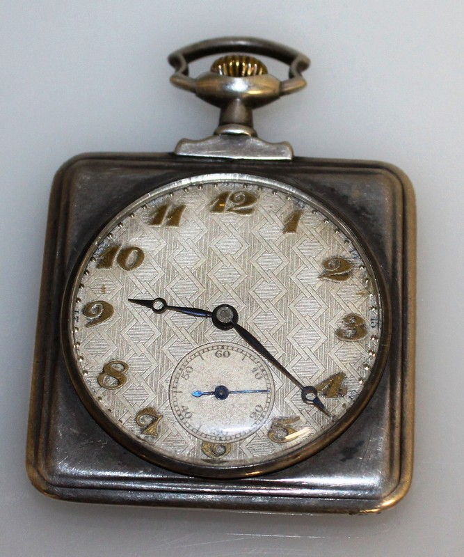 A FRENCH .800 SILVER CASED BREGUET SQUARE CASED POCKET WATCH.