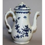 AN 18TH CENTURY WORCESTER HERRINGBONE MOULDED COFFEE POT AND COVER of silver shape painted with