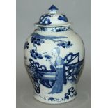 A 19TH CENTURY CHINESE BLUE & WHITE PORCELAIN VASE & COVER, the sides painted with a scene of ladies