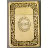 A 19TH CENTURY CHINESE CANTON MONOGRAMMED IVORY CARD CASE, one side with the monogram 'MMC' within a