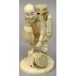 A GOOD QUALITY SIGNED JAPANESE MEIJI PERIOD IVORY OKIMONO OF A BASKET SELLER, with a cheerful