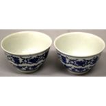 A PAIR OF CHINESE BLUE & WHITE PORCELAIN TEABOWLS, the sides decorated with the Eight Buddhist