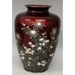 A GOOD QUALITY JAPANESE MEIJI PERIOD RED GROUND SILVER WIRE CLOISONNE GIN BARI VASE, with silver