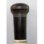 19TH CENTURY RHINOCEROS HORN HANDLED & BONE IVORY MOUNTED WALKING STICK, the handle of greyish-amber