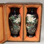 A GOOD PAIR OF SIGNED JAPANESE MEIJI PERIOD CLOISONNE VASES, together with a fitted wood box, each