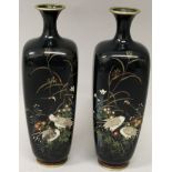 A GOOD MIRROR PAIR OF JAPANESE MEIJI PERIOD BLACK GROUND CLOISONNE VASES, each square-section