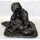 A LARGE JAPANESE MEIJI PERIOD BRONZE GROUP OF A SEATED BOY PLAYING WITH A CAT, the whole