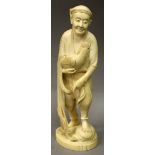 A SIGNED JAPANESE MEIJI PERIOD IVORY OKIMONO OF A FARMER, standing on rockwork and holding a rooster