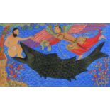 20th Century Iranian School. 'Jonah and the Whale', Watercolour, Inscribed, 8" x 13.25". Provenance;