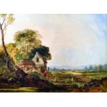 19th Century English School. A River Landscape with a Figure on a Path, Watercolour, 10.5" x 14".