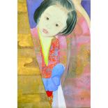 20th Century Chinese School. Portrait of a Young Girl, Watercolour, Signed with Motif, Unframed, 24"