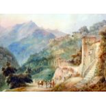 19th Century European School. A Mountainous Landscape, with Figures on a Path, Watercolour, 9" x