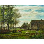 B... Shaw (20th Century) British. A Landscape with Cows, Farm Buildings Beyond, Oil on Panel,