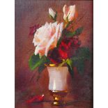 20th Century Russian School. Still Life of Flowers in a Vase, Oil on Board, Signed in Cyrillic,