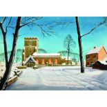 Hutchinson (20th Century) British. A Church in Snow, Mixed Media, Signed, Unframed, 10.75" x 15",