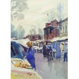 Matt Bruce (1915-2000) British. A Market Scene with Figures, Watercolour, Signed, 12.75" x 12.25".